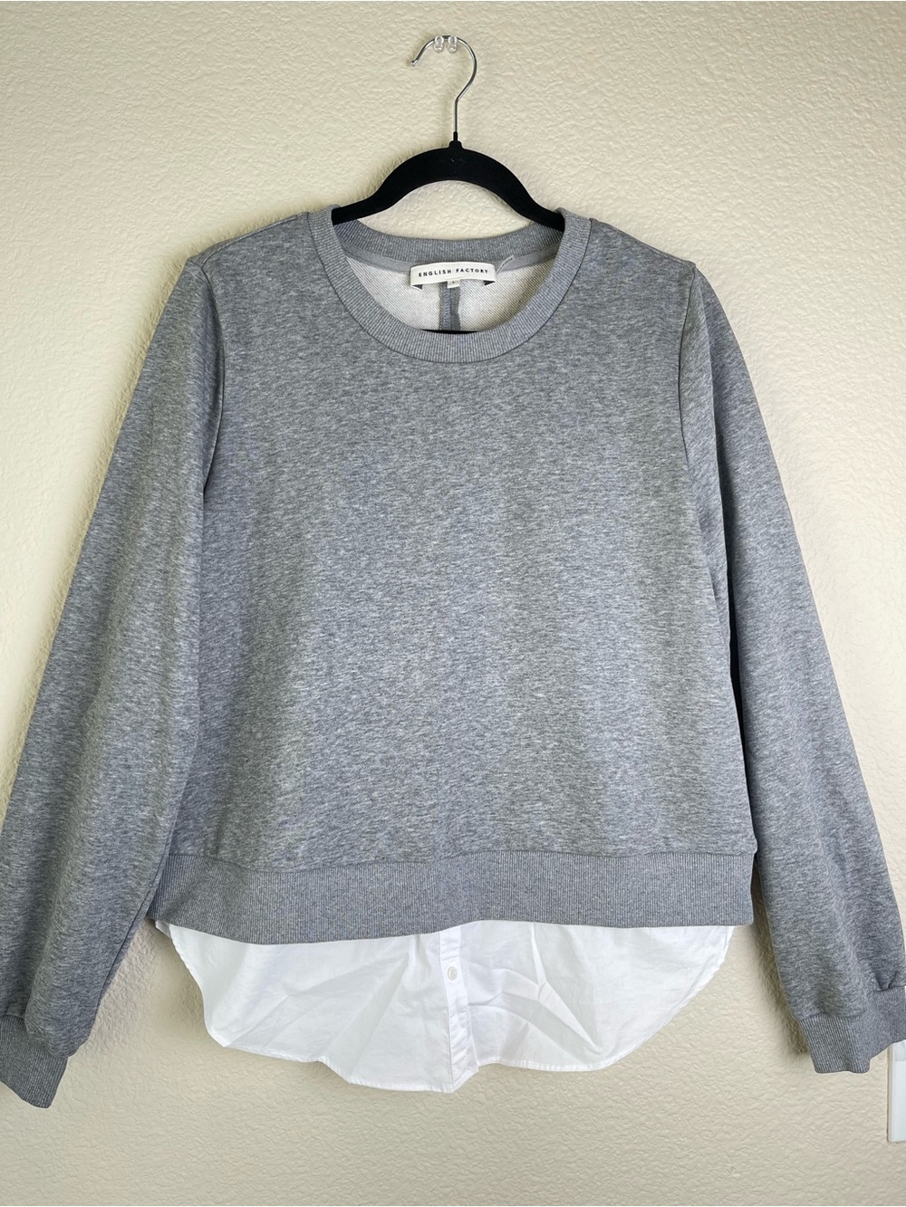 Anthropologie English Factory Gray Sweatshirt White Shirt-Hem Combo Layer Sz L
